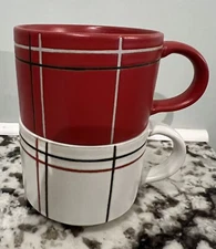 Hearth and Hand Magnolia RED & CREAM PLAID Stackable Mug Cup Christmas SET/2