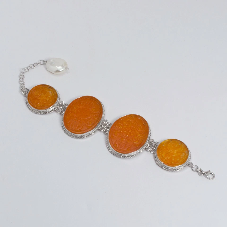 BRACCIALE SEMIRIGIDO IN ARGENTO 925 CON GIADA ARANCIO E PERLA BAROCCA AGRP 014 - Immagine 2 di 3