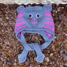 Kitty Cat Girls Grey and Pink Knit Hat. One Size. VGUC
