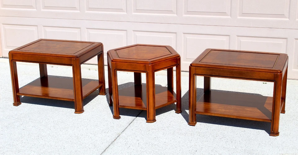 Mesas auxiliares vintage de caoba y madera burl - Juego de 3 Foto 4 de 4