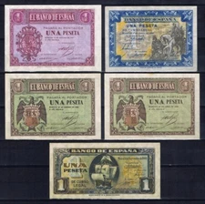 Spain. Full set of 10 banknotes of 1 peseta.