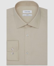  80 Calvin Klein Men's Beige Regular-Fit Stain Shield Dress Shirt Size 16 32/33