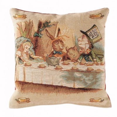 ART de LYS, TEA PARTY, ALICE IN WONDERLAND FRENCH WOVEN TAPESTRY PILLOW, 9'' x 9''