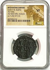 565 -578 AD BYZANTINE EMPIRE AE FOLLIS JUSTIN II & SOPHIA COIN NGC VERY FINE