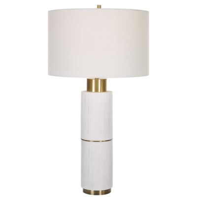 Texture White Faux Wood Column Table Lamp Cylinder Brass Gold Mid Century Modern