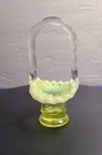 Uranium Vaseline Topaz Opalescent Mini Vase Basket 4” Tall Fenton "37"  Crimp.