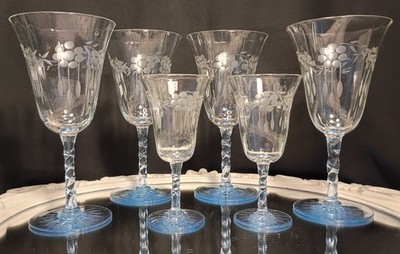 6 Vintage Light Blue Twist Stem Cut Optic Crystal 4 Wine, 2 Sherry Glasses Set