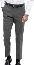 Men's Thick Wool Herringbone Tweed Trousers Retro Flat Front Dress Suit Pants
