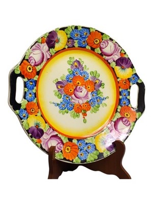 Vintage Bohemian Czech Hand Painted Floral Handled Cake Plate Tray ArtDeco 10.5''