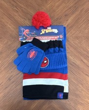 Marvel Spider-Man Boys Hat, Glove Scarf Set Blue Red Black Acrylic Pom Pom