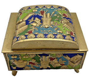 Cloisonné Enamel Footed Box Antique Chinese Brass Made in China