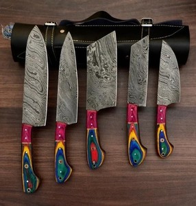 Custom Handmade  Steel Chef Knife Set Forged Stack Set of 5 with leather roll ki