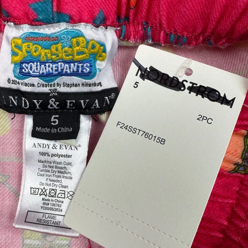 Conjunto de pijama infantil Andy & Evan Bob Esponja calça quadrada tamanho 5 rosa Natal aconchegante - Imagem 4 de 4
