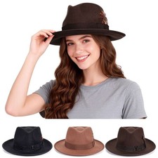 Mens Women Classic Fedora Hats Short Brim Felt Feather Bow Hat Panama Dress Hat