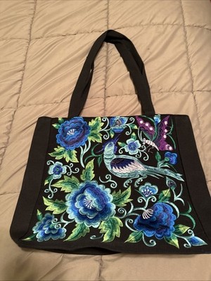 Lime Green Floral W/green/purple Embroidered W/One Bird By Top X LG Tote Bag