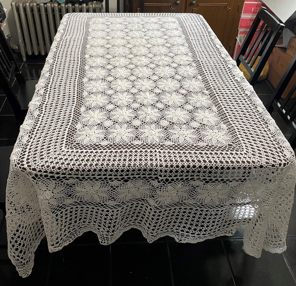New Handmade Crochet Lace Tablecloth, rectangular 72" x 108" 100% Cotton, white - Image 2 of 4