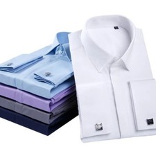 Mens Long Sleeve Shirts French Cuff Formal Business Dress with Cufflinks Shirts