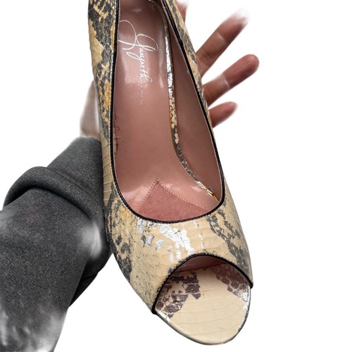 Gwyneth Snakeskin Peep Toe Heels Cream Silver Metallic Heart Cutout Pumps 9M - Bild 3 von 9