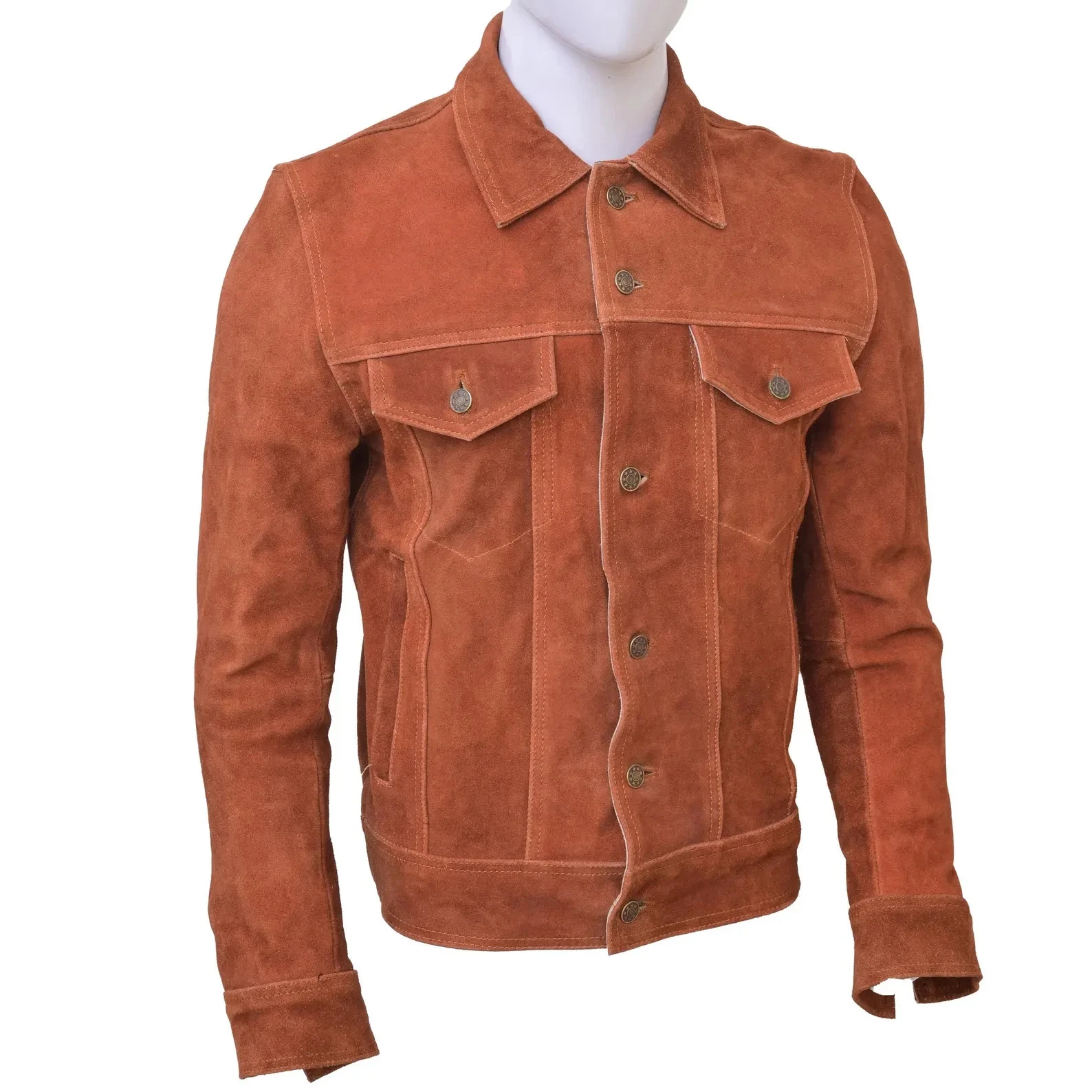 Men's Pure Suede Leather Classic Brown Trucker Jacket Denim Style Western Coat