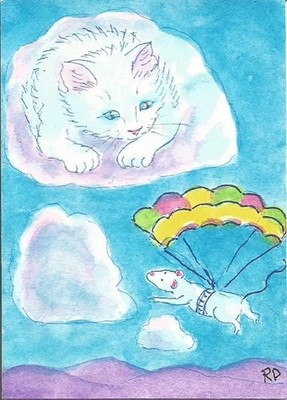 ACEO Hand Embellished Print ''Princess Hannah and Millie, Sky Diving'' cat mouse