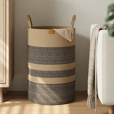 75L Striped Laundry Hamper Leather Handles Large Foldable Basket Cotton Rope