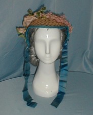 Civil War Antique Straw Hat Victorian 1860 Blue Silk Trim w/ Flowers