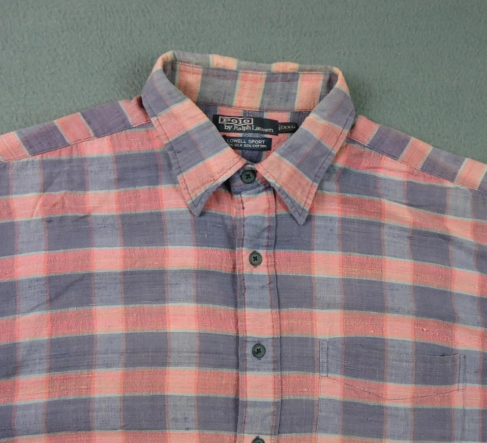 Polo Ralph Lauren Lowell Sport Shirt Men 2XL Pink Blue Plaid Silk Blend Textured