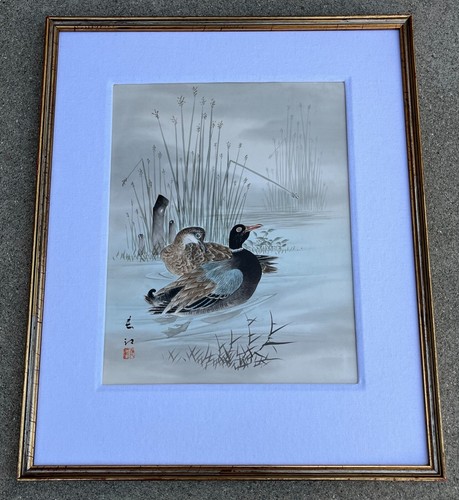 Vintage Japanese 'Mandarin Ducks' Original Watercolor Painting on Paper. Signed