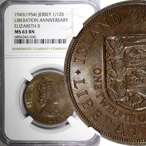JERSEY Elizabeth II 1954 1/12 Shilling Liberat. 1945 NGC MS63 BN TOP GRADE KM#20