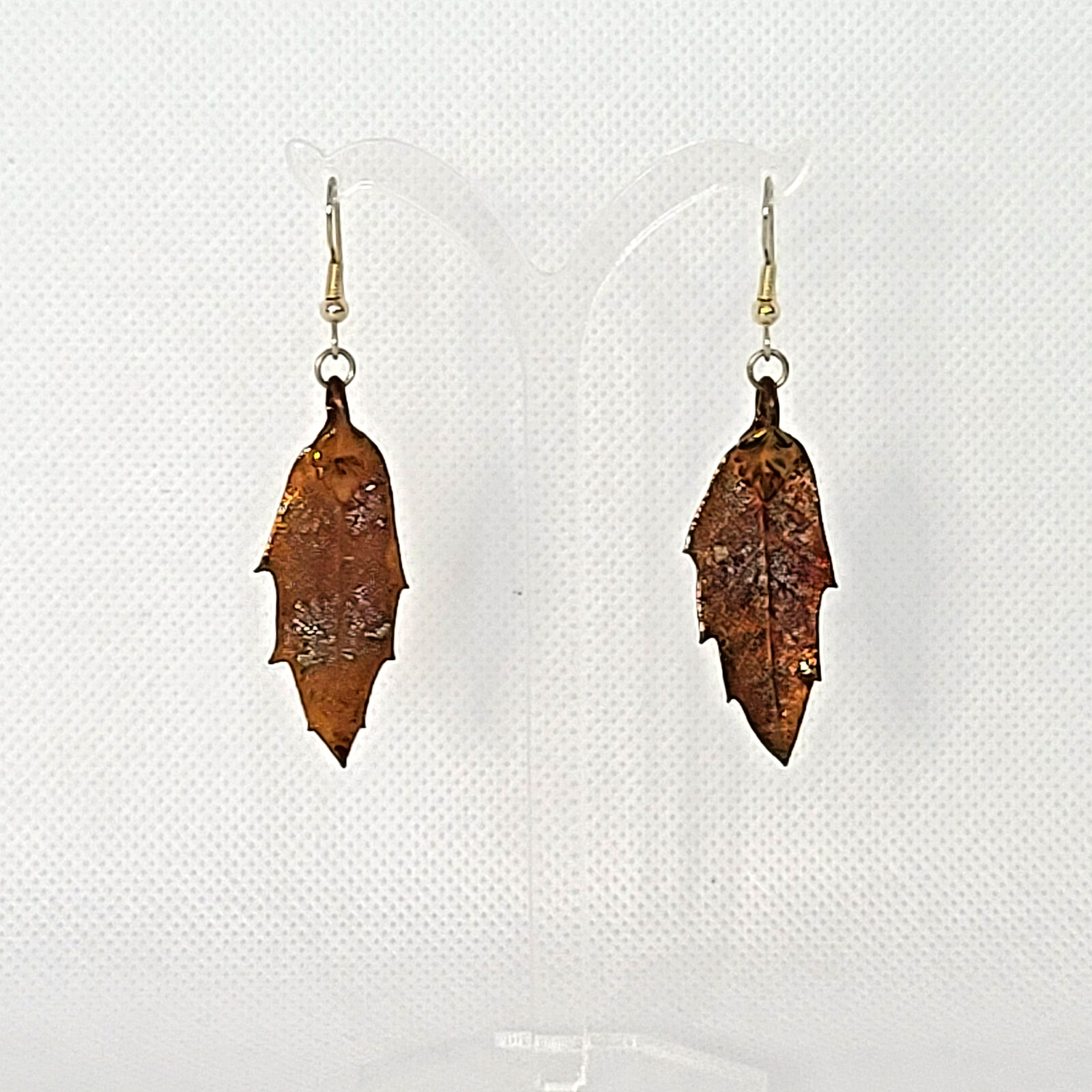 Real Skeleton Leaf Dangle Hook Earrings Gold over… - image 4