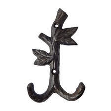Tree Branch Double Wall Hook Twig Leaves Cast Iron Key Towel Coat Hanger Brown
