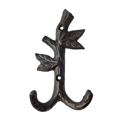 Tree Branch Double Wall Hook Twig Leaves Cast Iron Key Towel Coat Hanger Brown