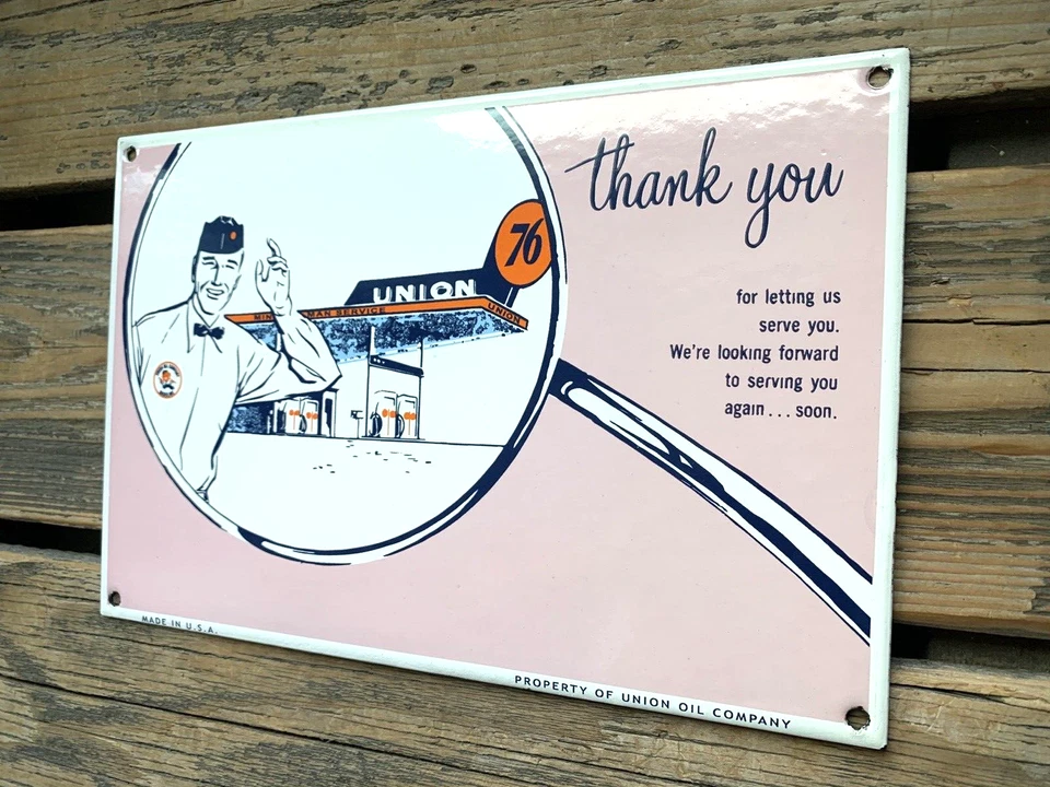 DE COLECCIÓN UNION OIL CO. LETRERO DE ESTACIÓN DE BOMBA DE GAS DE SERVICIO DE GAS DE PORCELANA DE AGRADECIMIENTO Foto 3 de 4