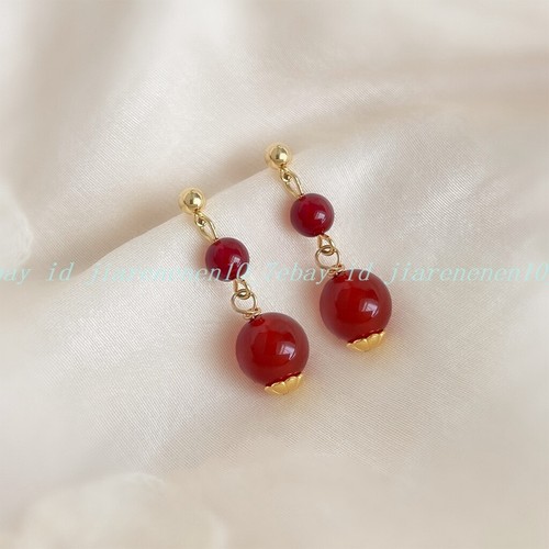 Fashion Natural 6-10mm Red Agate Round Gemstone Beads Stud Dangle Earrings - Picture 2 of 12