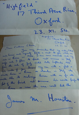 Theologe James M. Houston (* 1922): Englischer Brief OXFORD 1954, über Haus, Uni