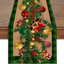NEW 13"x36" green plaid Christmas ornament linen table runner