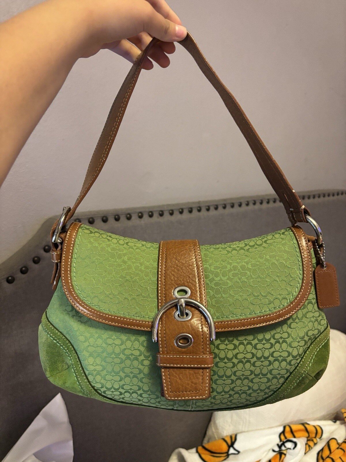 RARE Coach Y2K Green Signature & Suede SOHO Shoulder Bag Jacquard 