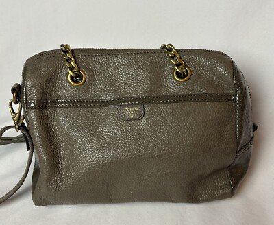 Fossil Mimi Satchel Crossbody Taupe Pebbled Patent Leather Chain Handle EUC 