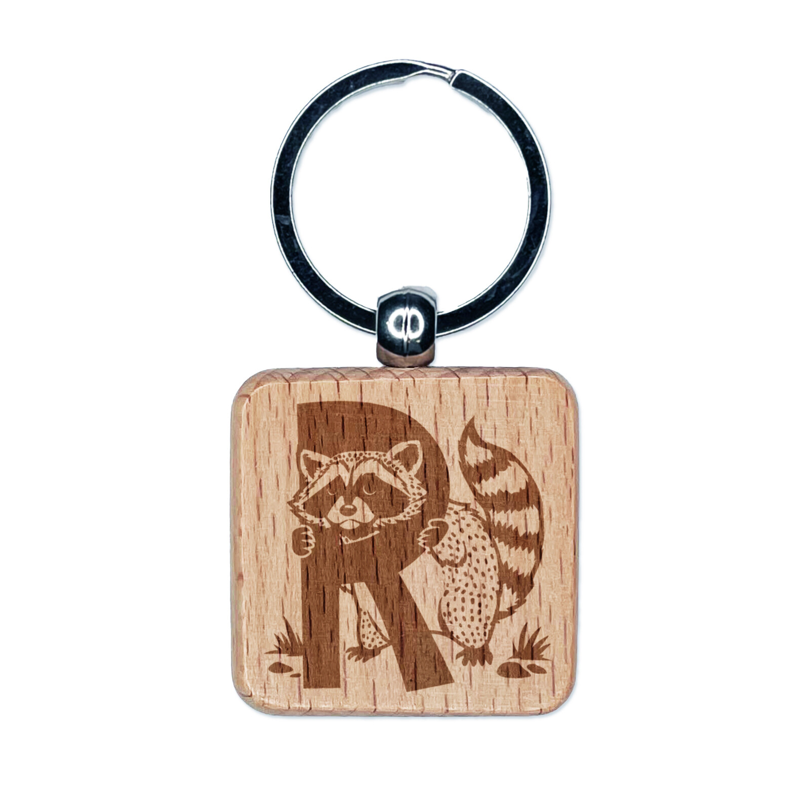 Animal Alphabet Letter R for Raccoon Engraved Wood Square Keychain Tag Charm