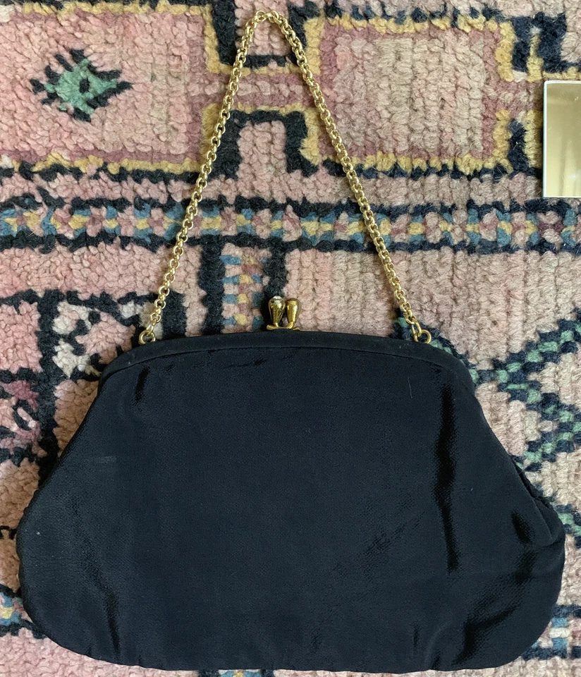 Vtg 50s 60s Black Cotton Gold Chain Matching Mirror Diamanté London Mod Handbag - Image 4 of 4