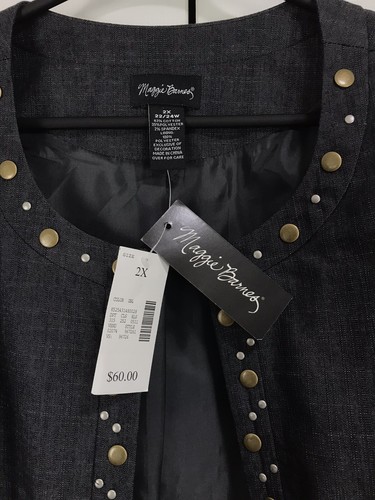 NWT $60 MAGGIE BARNES OPEN FRONT 3/4 SLV BLUE DENIM METAL STUDS JACKET SZ 2X - Picture 11 of 11