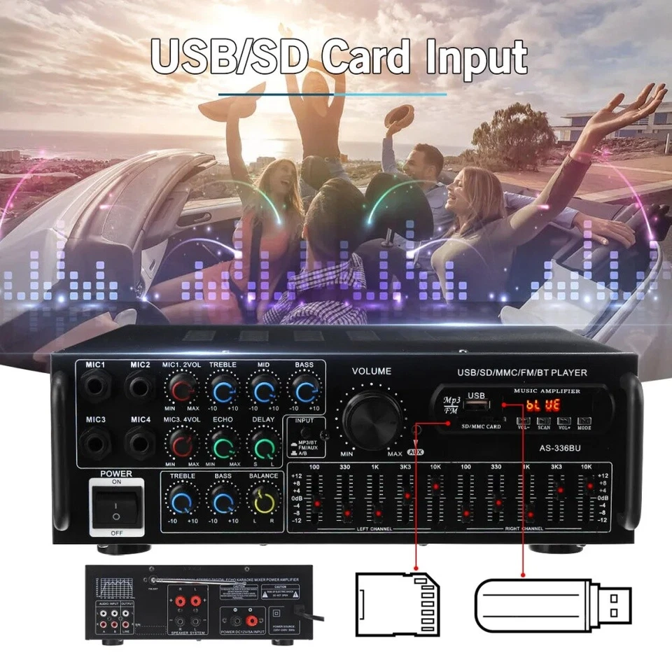 2000W HiFi Verstärker mit Bluetooth PartyMusik Equipment AUX Anlage Stereo Audio - Bild 3 von 4