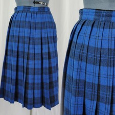 Vintage Blue  Black Plaid Pleated Wool Skirt w Snaps Size XS 