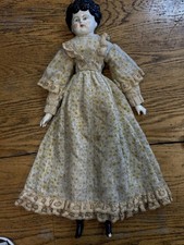 Antique German China Head Doll Molded Black Hair Leather Body 20" Floral Dress
