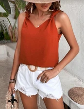 Solid Twist  Shoulder V-neck Burnt Orange Blouse