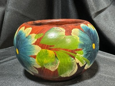 Folk Art Clay Hand Painted Pottery Planter~ Floral Pattern; made in Mexico