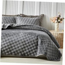 Velvet Quilt Set Size, Luxury Geometric Check Pattern Quilts Set, Queen Grey