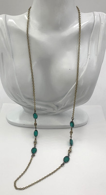 Miriam Haskell VTG Long Chain Necklace Golden Tone Green Art Glass  30'' Signed
