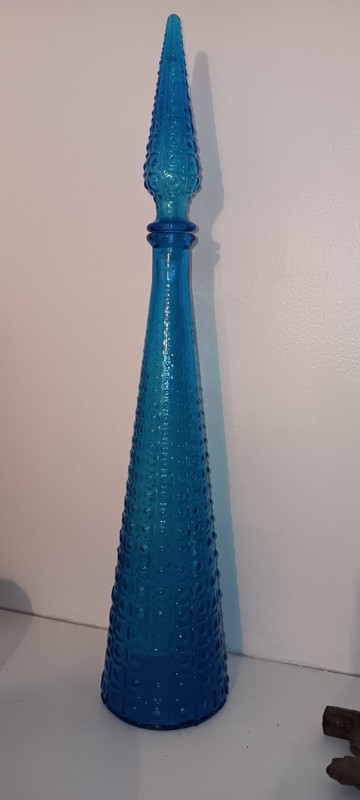 Vintage MCM Empoli Glass Genie Bottle With Stopper Aztec Pattern Italy