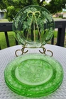 Vtg Federal Glass Vaseline Green Sharon Cabbage Rose Luncheon Plate Set Of 4